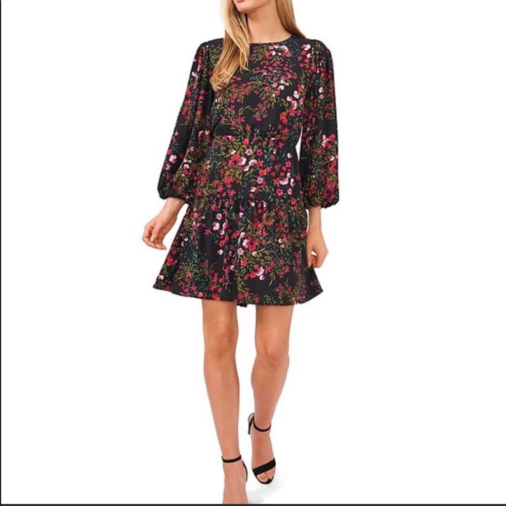 LIKE NEW CeCe Crewneck Floral Balloon Sleeve Garden Dress Black L